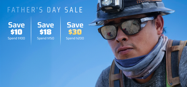 Person wearing a hard hat and sunglasses with Father's Day sale text on a blue background